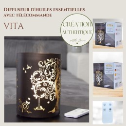 Diffuseur d'huile essentielle Vita en verre et métal avec télécommande, diffusion à froid ultrasonique, éclairage effet bougie