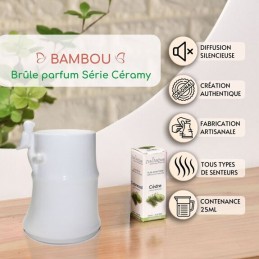 Brûle parfum en céramique laquée blanche avec support en bambou, diffuseur pour fondants, cires parfumées et huiles essentielles