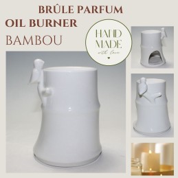 Brûle parfum en céramique laquée blanche avec support en bambou, diffuseur pour fondants, cires parfumées et huiles essentielles