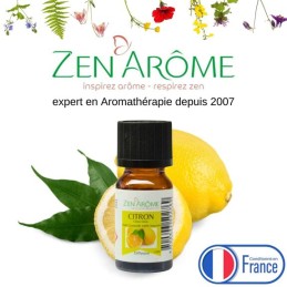 Huile essentielle de citron 100% naturelle en flacon de 10 ml, idéale pour l'aromathérapie et fabriquée en France.