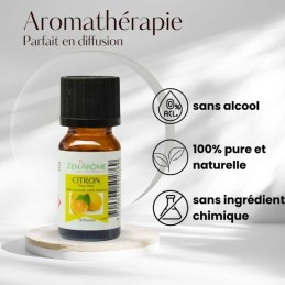 Huile essentielle de citron 100% naturelle en flacon de 10 ml, idéale pour l'aromathérapie et fabriquée en France.