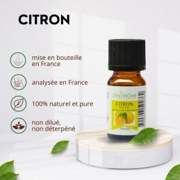 Huile essentielle de citron 100% naturelle en flacon de 10 ml, idéale pour l'aromathérapie et fabriquée en France.