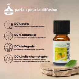 Huile essentielle de citron 100% naturelle en flacon de 10 ml, idéale pour l'aromathérapie et fabriquée en France.