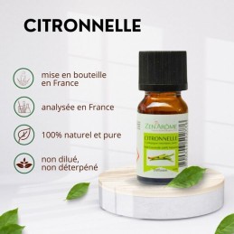 Huile essentielle citronnelle naturelle 10ml pour aromathérapie et bien-être, conditionnée en France