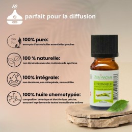 Huile essentielle citronnelle naturelle 10ml pour aromathérapie et bien-être, conditionnée en France