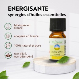 Flacon de 10 ml d'huile essentielle synergie énergisante fabriqué en France