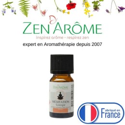 Flacon de 10 ml d'huile essentielle synergie méditation à diffuser, fabriqué en France.