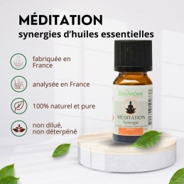 Flacon de 10 ml d'huile essentielle synergie méditation à diffuser, fabriqué en France.