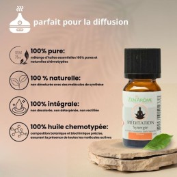 Flacon de 10 ml d'huile essentielle synergie méditation à diffuser, fabriqué en France.