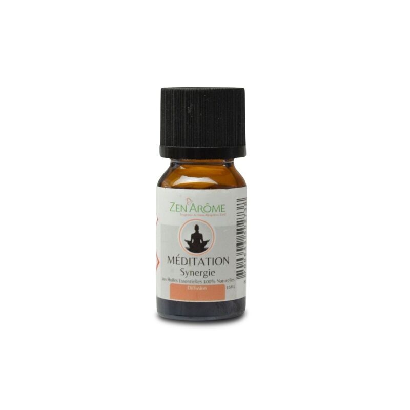 Flacon de 10 ml d'huile essentielle synergie méditation à diffuser, fabriqué en France.