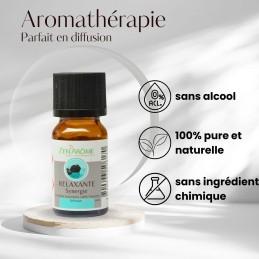 Flacon de 10 ml d'huile essentielle synergie relaxante, mélange d'huiles essentielles à diffuser, fabriqué en France.