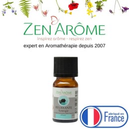 Flacon de 10 ml d'huile essentielle synergie relaxante, mélange d'huiles essentielles à diffuser, fabriqué en France.