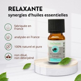 Flacon de 10 ml d'huile essentielle synergie relaxante, mélange d'huiles essentielles à diffuser, fabriqué en France.