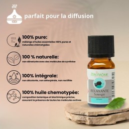 Flacon de 10 ml d'huile essentielle synergie relaxante, mélange d'huiles essentielles à diffuser, fabriqué en France.