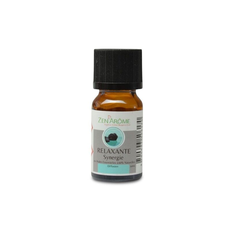 Flacon de 10 ml d'huile essentielle synergie relaxante, mélange d'huiles essentielles à diffuser, fabriqué en France.