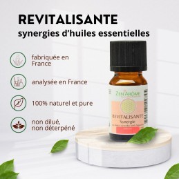 Flacon de 10 ml d'huile essentielle synergie revitalisante à diffuser, fabriqué en France