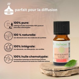 Flacon de 10 ml d'huile essentielle synergie revitalisante à diffuser, fabriqué en France