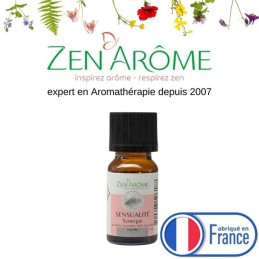 Flacon de 10 ml d'huile essentielle synergie sensualité, mélange d'huiles essentielles à diffuser, fabriqué en France