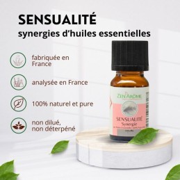 Flacon de 10 ml d'huile essentielle synergie sensualité, mélange d'huiles essentielles à diffuser, fabriqué en France