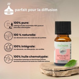 Flacon de 10 ml d'huile essentielle synergie sensualité, mélange d'huiles essentielles à diffuser, fabriqué en France