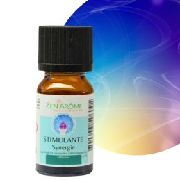 Flacon de 10 ml d'huile essentielle synergie stimulante, mélange d'huiles essentielles à diffuser, fabriqué en France.