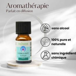 Flacon de 10 ml d'huile essentielle synergie stimulante, mélange d'huiles essentielles à diffuser, fabriqué en France.