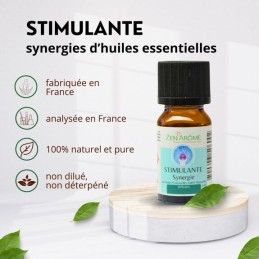 Flacon de 10 ml d'huile essentielle synergie stimulante, mélange d'huiles essentielles à diffuser, fabriqué en France.