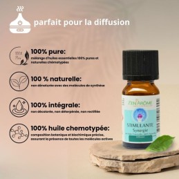 Flacon de 10 ml d'huile essentielle synergie stimulante, mélange d'huiles essentielles à diffuser, fabriqué en France.