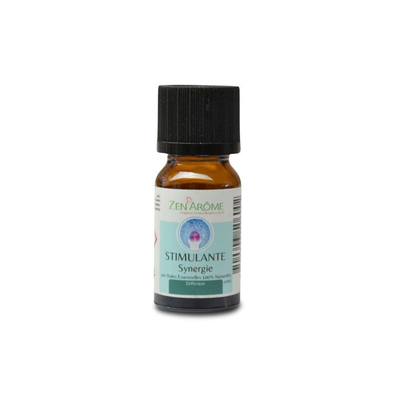 Flacon de 10 ml d'huile essentielle synergie stimulante, mélange d'huiles essentielles à diffuser, fabriqué en France.