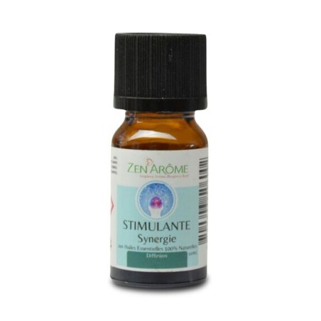 Flacon de 10 ml d'huile essentielle synergie stimulante, mélange d'huiles essentielles à diffuser, fabriqué en France.