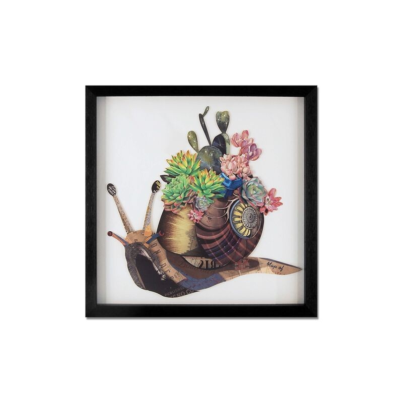 Tableau mural en peinture collage 3D escargot avec fleurs, multicolore