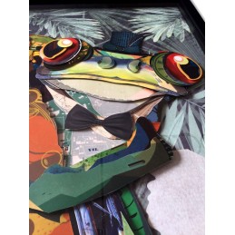 Tableau collage 3D grenouille avec chapeau haut de forme, œuvre multicolore ADM