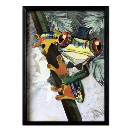 Tableau collage 3D grenouille avec chapeau haut de forme, œuvre multicolore ADM