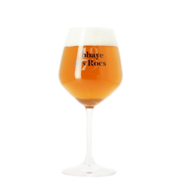 Photo d’un verre Abbaye des Rocs 33 cl rempli de bière blonde avec un logo visible.