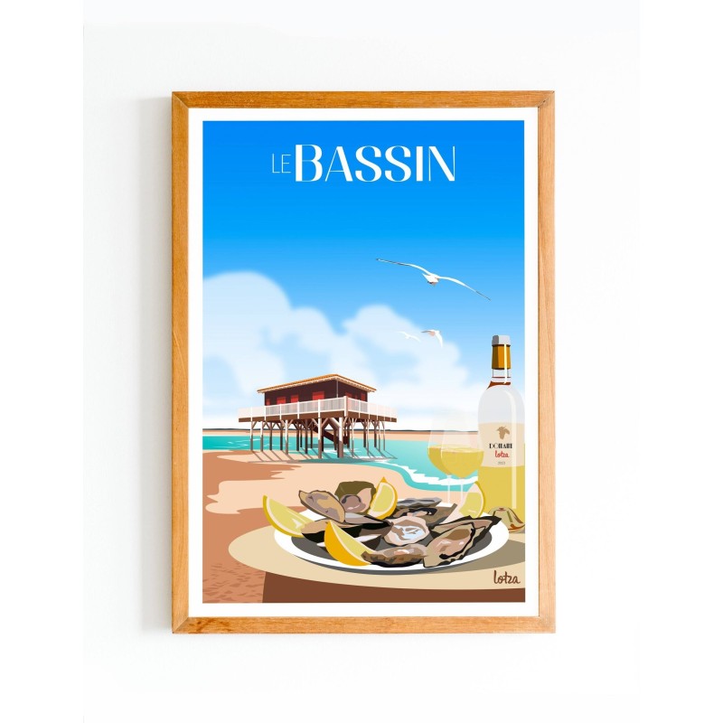 Affiche Bassin d'Arcachon avec cabane tchanquée et assiette d'huîtres