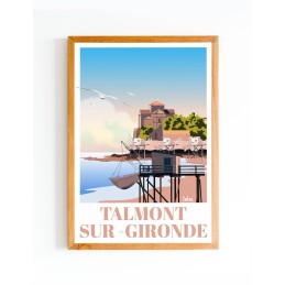 Affiche Talmont-sur-Gironde avec l'église Sainte-Radegonde et les carrelets