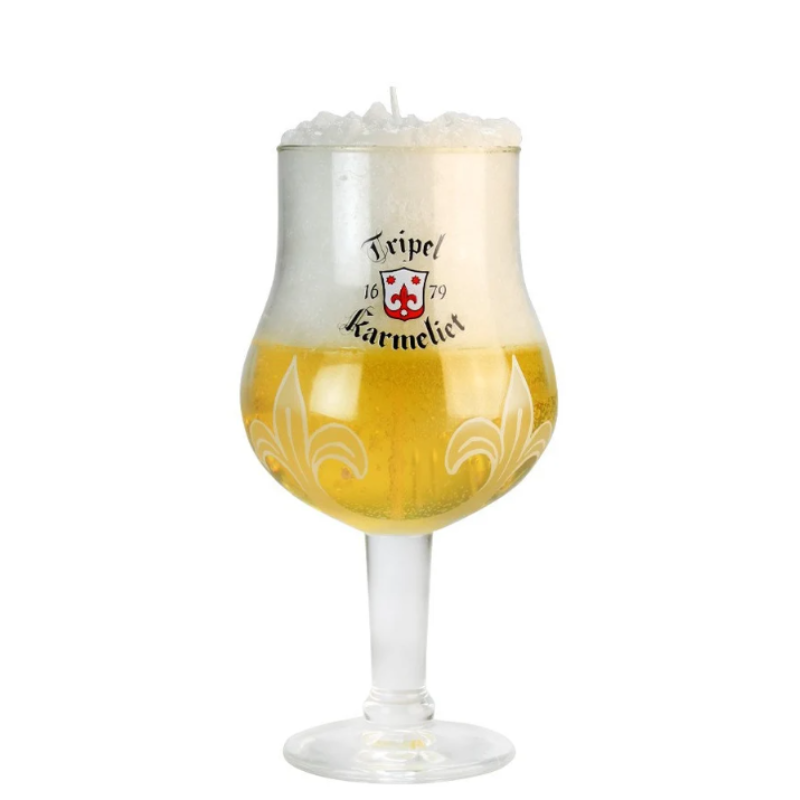 Bougie artisanale dans verre à bière Karmeliet avec effet mousse de bière