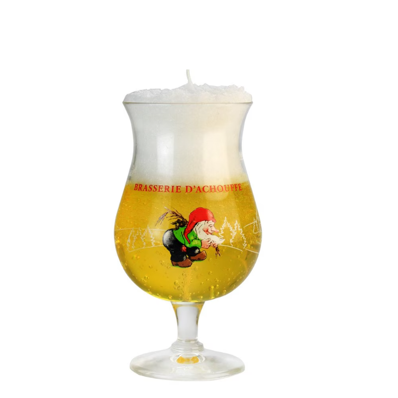 Bougie artisanale parfumée dans un verre à bière Chouffe avec effet mousse