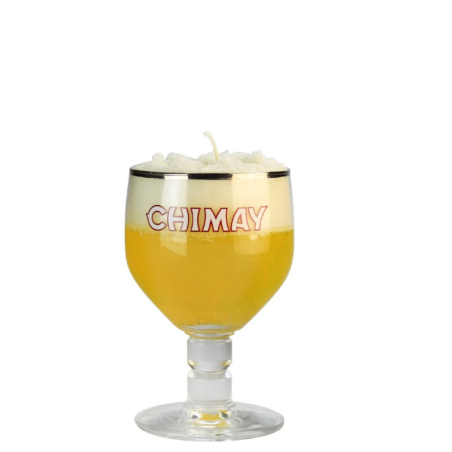 Bougie artisanale dans un verre à bière Chimay avec effet mousse