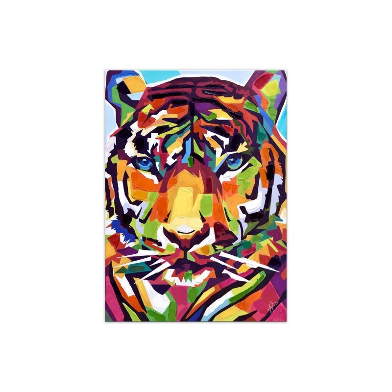 Tableau pop art tiger multicolore sur toile avec décorations en relief