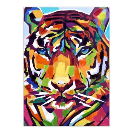 Tableau pop art tiger multicolore sur toile avec décorations en relief