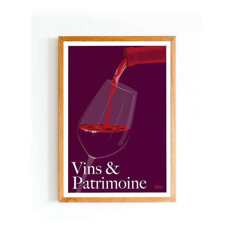 Affiche Vins & Patrimoine avec verre de vin Bordeaux, poster vintage minimaliste pour décoration intérieure