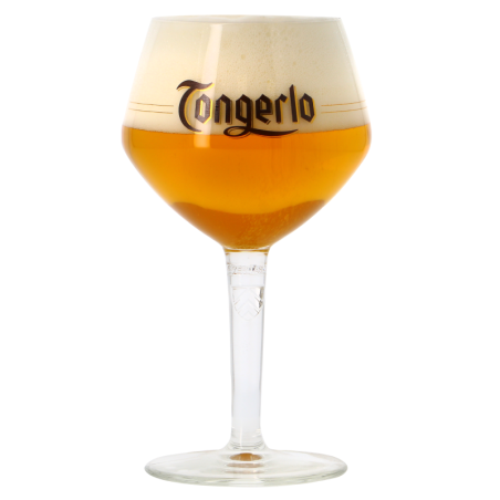 Verre à bière Tongerlo 33 cl posé sur une table en bois