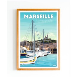 Affiche de Marseille avec vue du Vieux Port et Notre-Dame de la Garde | Poster vintage minimaliste