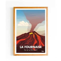 Affiche vintage minimaliste de l'Île de la Réunion avec vue sur le Piton de la Fournaise, décoration murale élégante et moderne