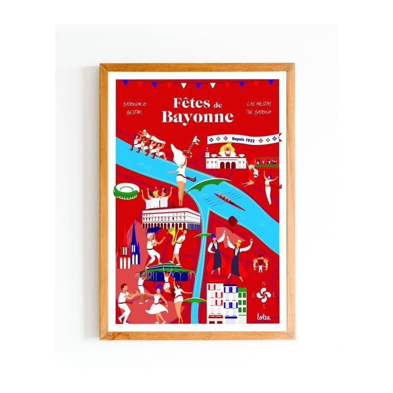 Affiche Fêtes de Bayonne vintage minimaliste - Poster Pays Basque - Décoration intérieure murale