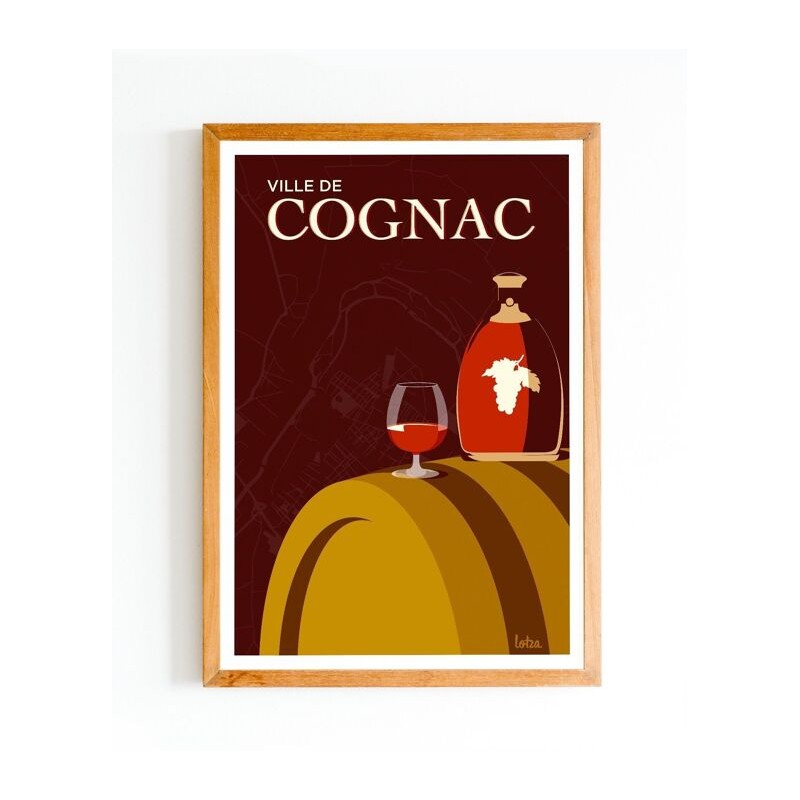 Affiche Cognac version marron, poster vintage de la Charente, décoration intérieure minimaliste