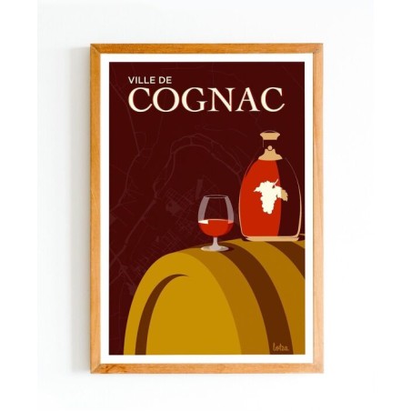 Affiche Cognac version marron, poster vintage de la Charente, décoration intérieure minimaliste