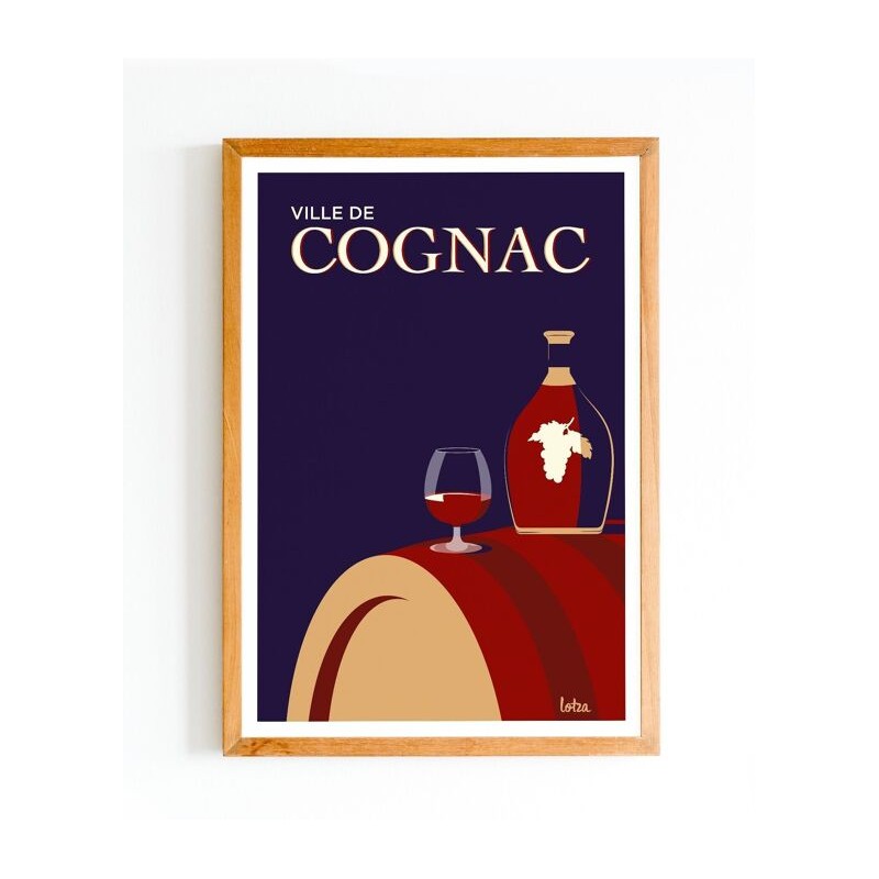 Affiche Cognac version bleue, Poster vintage Charente, décoration intérieure minimaliste