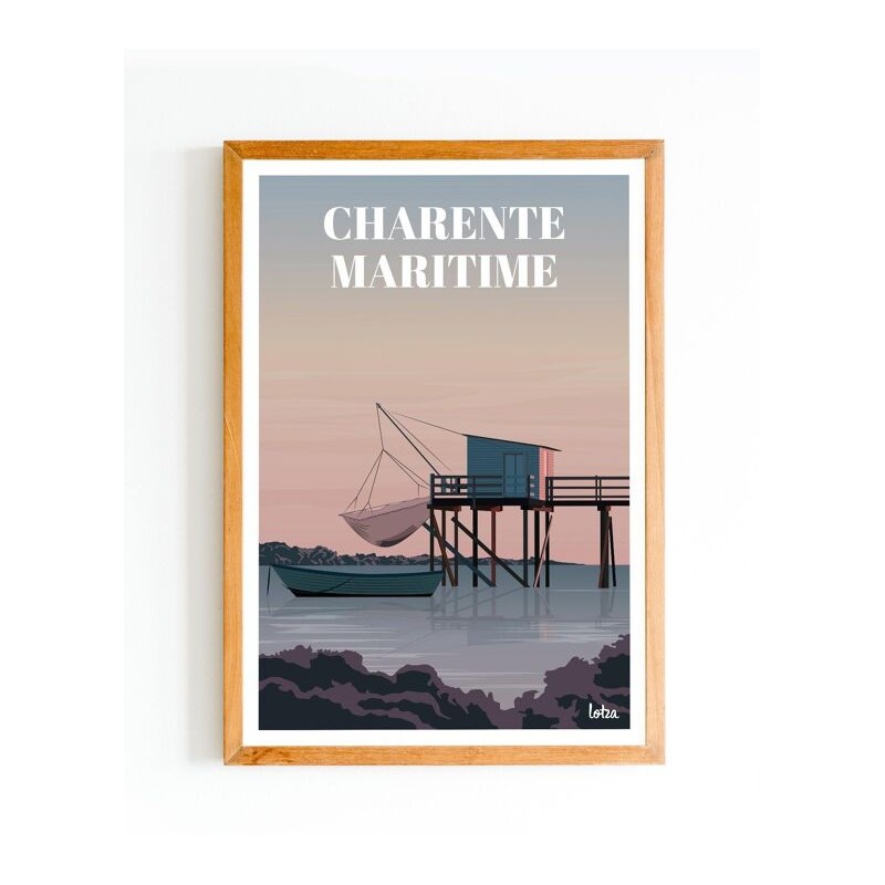 Affiche Charente-Maritime Carrelet, poster vintage minimaliste, décoration intérieure, illustration pêcheur